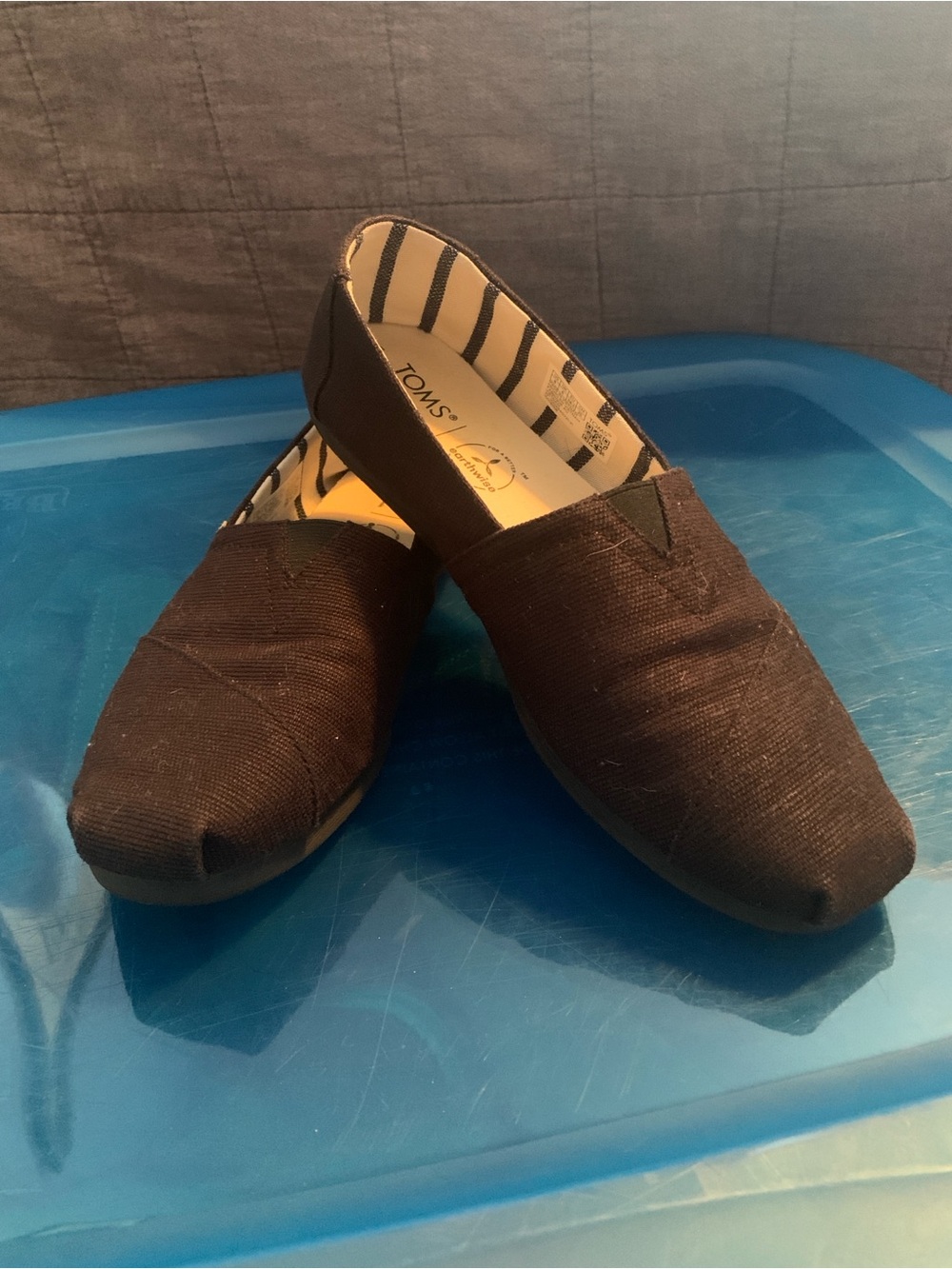 Toms Black Canvas Slip-On Shoes with Light Blue Labels